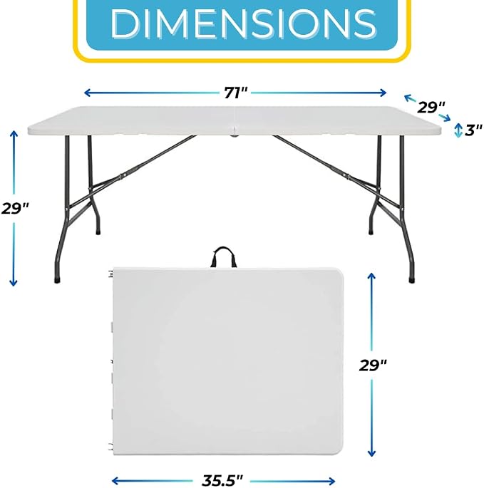 EZONE 6ft Indoor Outdoor Heavy Duty Portable Folding Plastic Dining Table w/Handle, Lock for Picnic, Party, Camping - White (6 Ft)