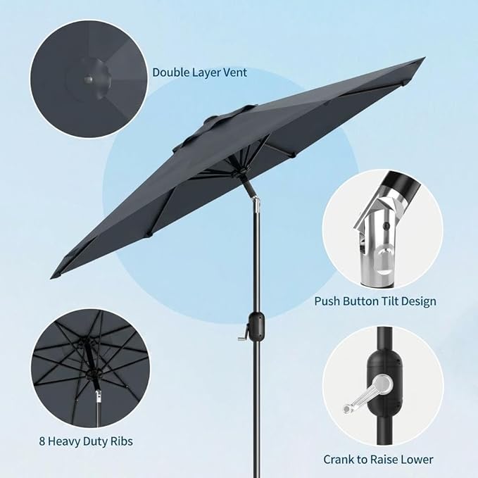 IDEALHOUSE 9FT Outdoor Patio Umbrella, Market Table Umbrella with Crank Lift & Push Button Tilt, Heavy-Duty Iron Frame & Polyester Canopy for Garden, Deck, Backyard, Pool