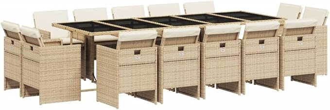 15-Piece Patio Dining Set with Cushions Beige Poly Rattan Outdoor Furniture Set Tempered Glass Table Foldable Chairs for Backyard Garden Balcony Porch