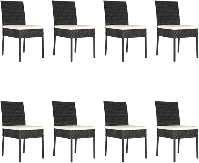 9 Piece Outdoor Patio Dining Set with 8 Chairs, Black Poly Rattan Wicker Table and Chairs for Garden, Backyard, Poolside, Tempered Glass Tabletop, Weather Resistant Furniture Set with Cream Cushions