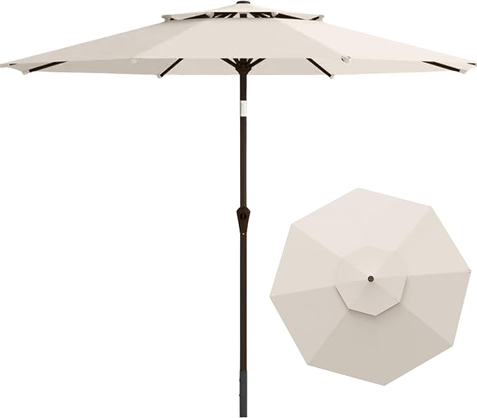 9FT Patio Umbrella 2-Tier Outdoor Market Table Umbrella with Push-Button Tilt & Crank | UPF 50+ & Waterproof for Backyard,Garden,Pool,Deck(Creamy-white)