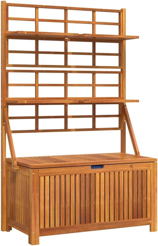 Outdoor Storage Box with Integrated Trellis, Solid Acacia Wood Garden Organizer for Tools and Plants, Rectangular Patio Furniture, Brown