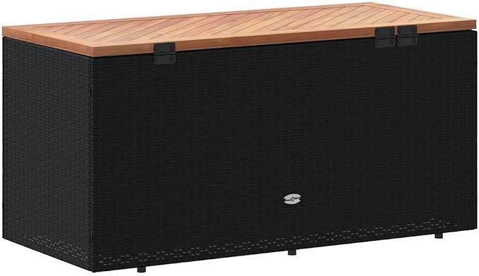 Black Poly Rattan Garden Storage Box 43.3 x 19.7 x 21.3 in Outdoor Deck Box for Patio Poolside Cushion Pillow Blanket Organization Modern Design