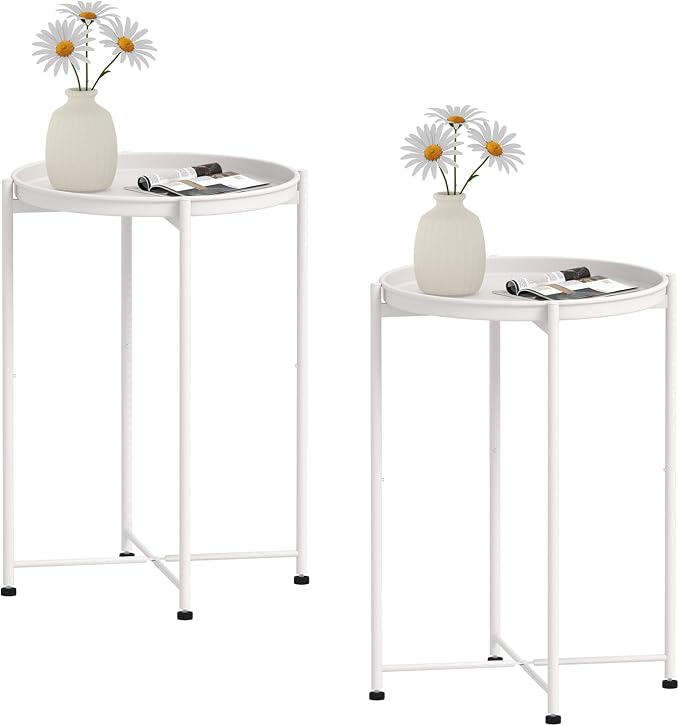 Garden 4 you Small Side Table, White Mini Round End Table, Tray Table with Metal Frame, Modern Nightstand for Living Room, Bedroom, Patio, Small Space, 2pcs