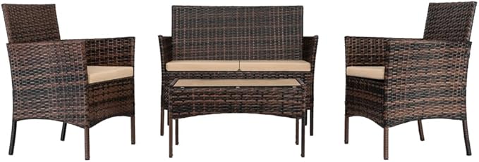 JHshop 4 Pieces Patio Conversation Set with Coffee Table, Rattan Sofa Set with Tempered Glass Coffee Table, Outdoor Furniture for Balcony Backyard Porch Garden, Sofa Chair with Coffee Table
