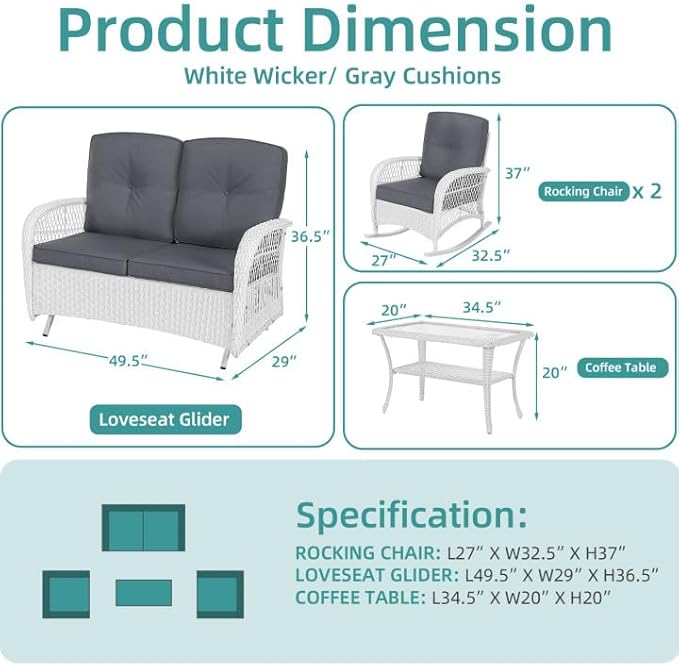 MEETWARM 4 Pieces Outdoor Wicker Patio Conversation Sets with Glider Loveseat, 2 Chairs with Coffee Table Wicker Rocking Chair Set, Patio Furniture Set with Thickened Cushions, White/Grey