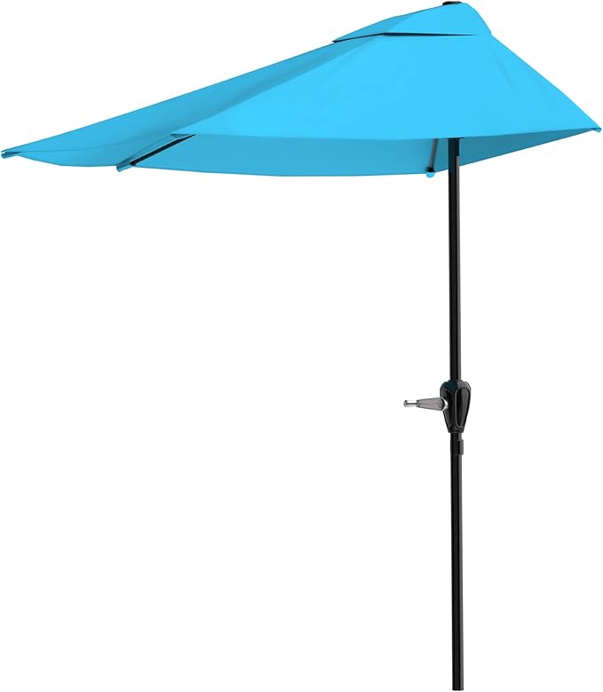 Half Umbrella Outdoor Patio Shade - 9 ft Patio Umbrella with Easy Crank - Small Canopy for Balcony, Table, or Deck by Pure Garden (Blue)
