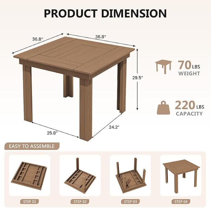 KINGYES 8-Piece HDPE Outdoor Dining Set for 6, Square Patio Table & Armless Chairs with Umbrella Hole, All-Weather Patio Dining Set for Backyard, Garden, Lawn & Poolside, Brown