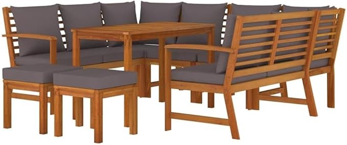 Afuera Living 9-Piece Solid Acacia Wood Patio Dining Set, Brown Oiled Finish, Includes Table, Benches, Sofas, Footstools, Cushions, Weather-Resistant Outdoor Furniture for Garden or Terrace Dining