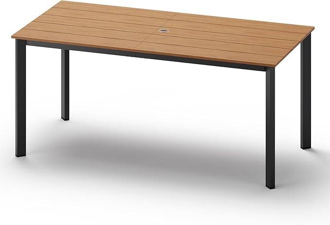 Outdoor Dining Table, Aluminum Patio HDPS Outdooor Table with Umbrella Hole, All Weather Patio Furniture Set, Patio Dining Table (Gray & Teak)