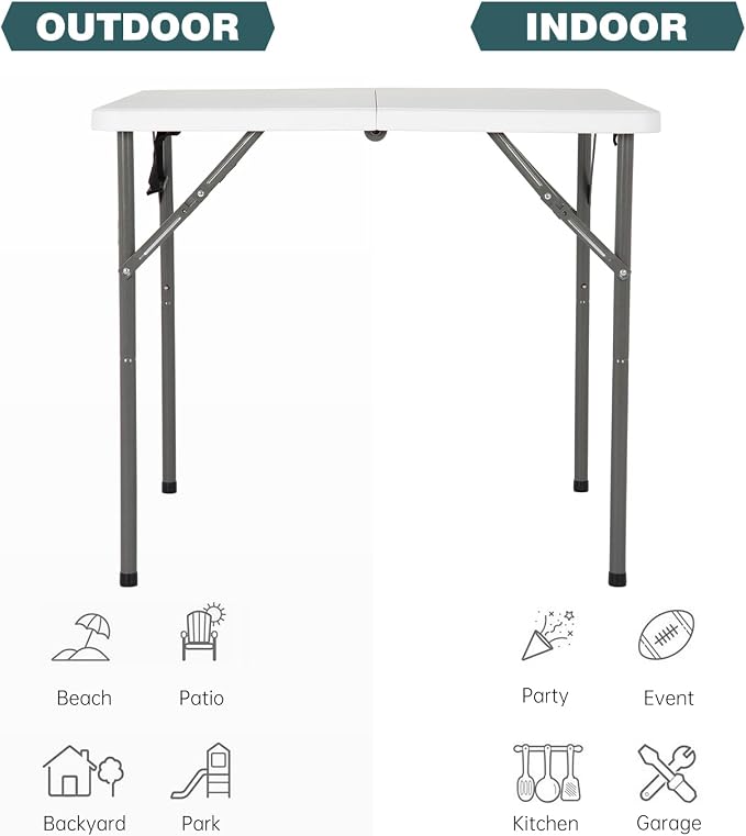 FDW 34" Square Outdoor Dining Table, Foldable Portable Plastic Folding Card Table with Built in Carrying Handle and Height Adjustable for Party and Wedding Use, White