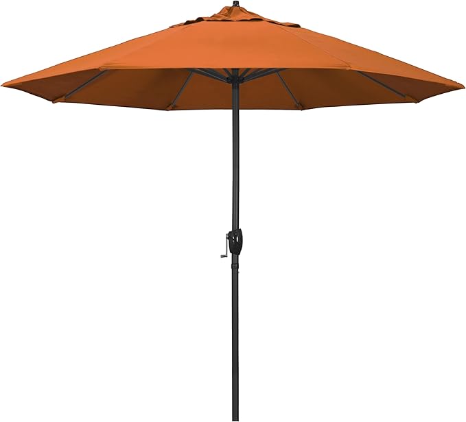California Umbrella 12-Year Protection 9' Rd Aluminum Patio Umbrella, Crank Lift, Auto Tilt, Black Finish, Sunbrella Tuscan