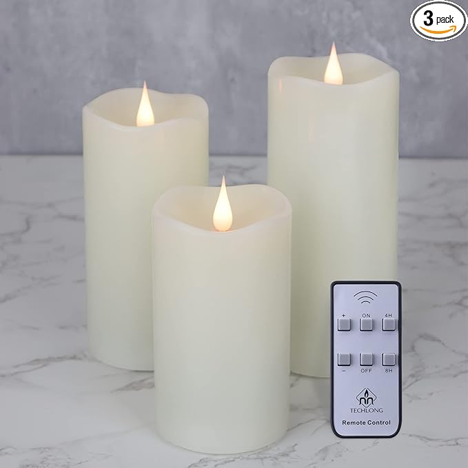 TECHLONG Flickering Flameless Candles with 3D Moving Flame Set of 3(H 5" 6" 7" x D 3"), Last 1000+ Hours Battery Operated Candles with Remote Timer, Ivory Real Wax Electric LED Pillar Candles