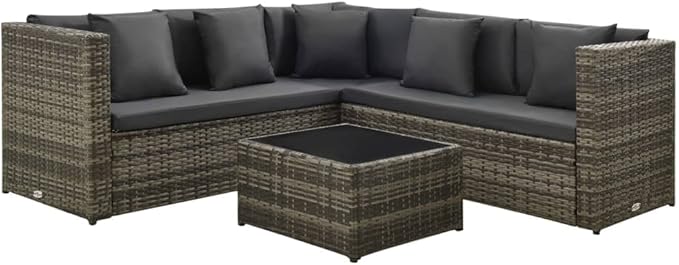 vidaXL Patio Furniture Set 4 Piece, Patio Conversation Set with Cushions, Outdoor Sectional Sofa with Coffee Table for Garden, Modern, Poly Rattan Gray