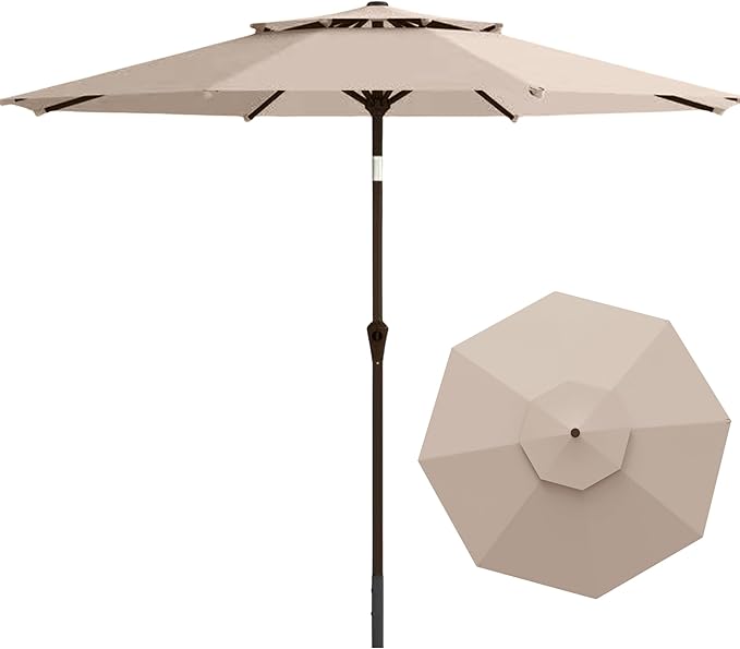9FT Patio Umbrella 2-Tier Outdoor Market Table Umbrella with Push-Button Tilt & Crank | UPF 50+ & Waterproof for Backyard,Garden,Pool,Deck(Beige)