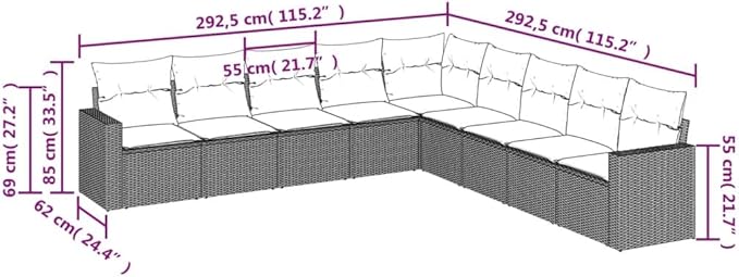 9 Piece Patio Sofa Set with Cushions, Front Porch Furniture Porch Furniture Set Patio Conversation Set Outdoor Sofa Sets for Garden Negotiation Area Exhibition Poolside Black Poly Rattan