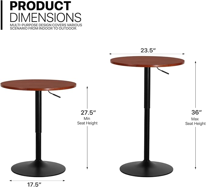 MoNiBloom Round Bar Table Adjustable Height, BistroTable with Black Leg and Base Pub Table 360° Swivel for Living Room Dining Room Bistro Cafe, 23.5" Diameter Red Wood Texture Top Cocktail Tables