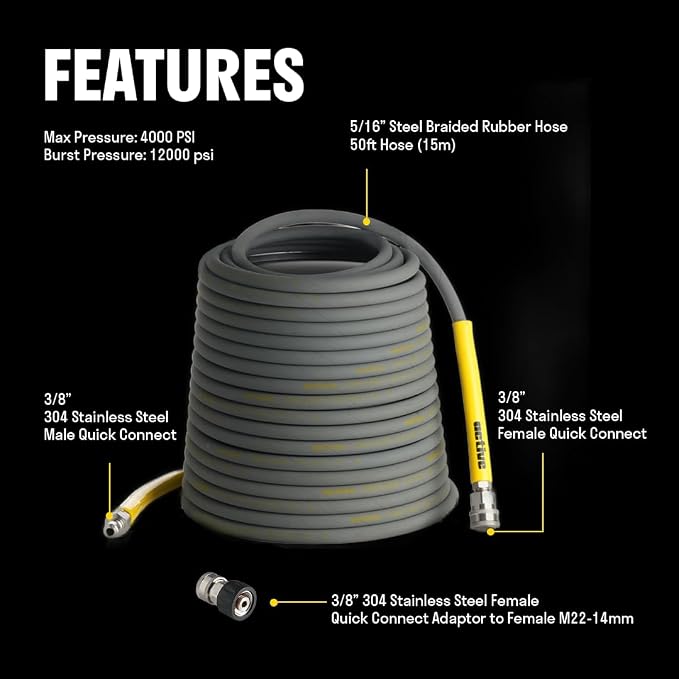 ACTIVE Pressure Washer Gun + 50ft Steel Braided Pressure Washer Hose for all types of Pressure Washers