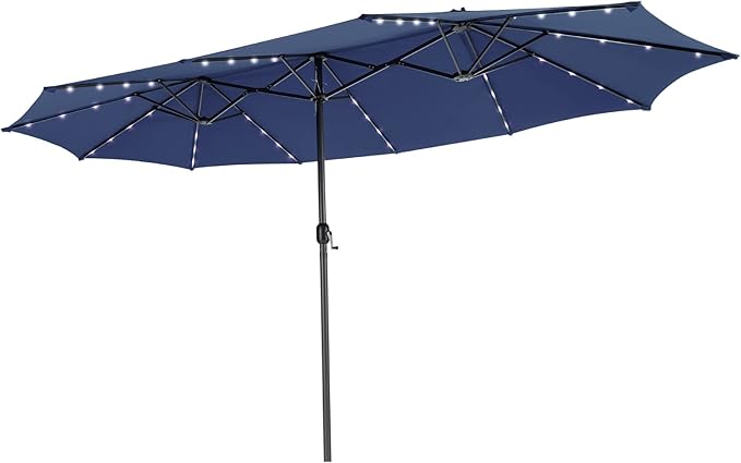 Tangkula 15 Ft Solar Patio Umbrella, Double-Sided Extra Large Outdoor Market Table Umbrella with 48 LED Lights, Crank Handle, 12 Sturdy Ribs for Poolside, Garden & Backyard (Navy)