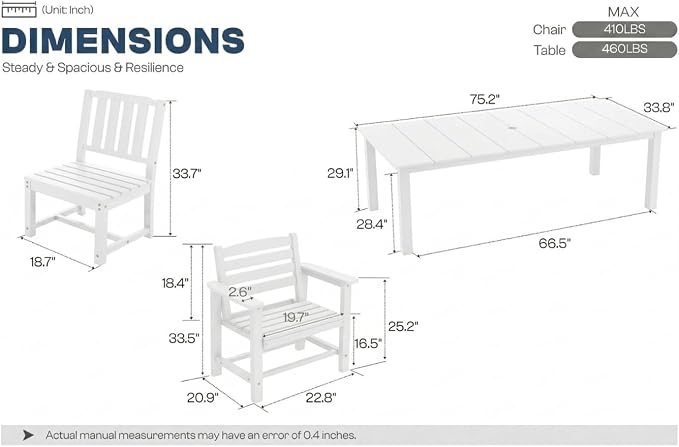 Perli™ 5-Piece Outdoor Dining Set, All-Weather HDPE Patio Furniture with 4 Armrest Chairs and Rectangular Table, UV-Resistant 4-Person Set for Deck, Backyard, White