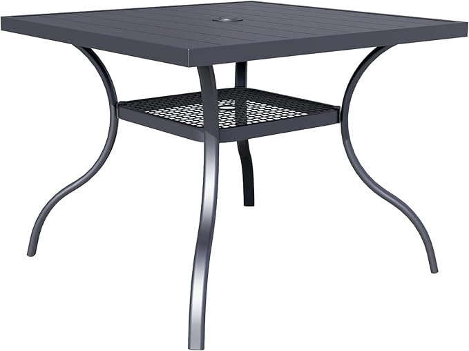 SOLAURA 37” Outdoor Dining Table Patio Slat Table Top for 4-Person/Metal Frame, Umbrella Hole, Indoor or Outdoor, Black