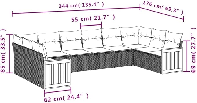 Garden Sofa Set Black PE Rattan Balcony Seating Group Patio Conversation Set for Decks 10 Piece Adjustable Feet