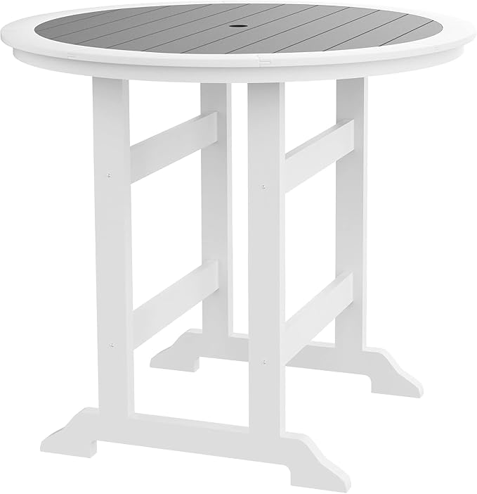 Outdoor Bar Table, Counter Height Round High Top Pub Table with 1.96" Umbrella Hole for Backyard Deck Balcony Front Porch White & Grey