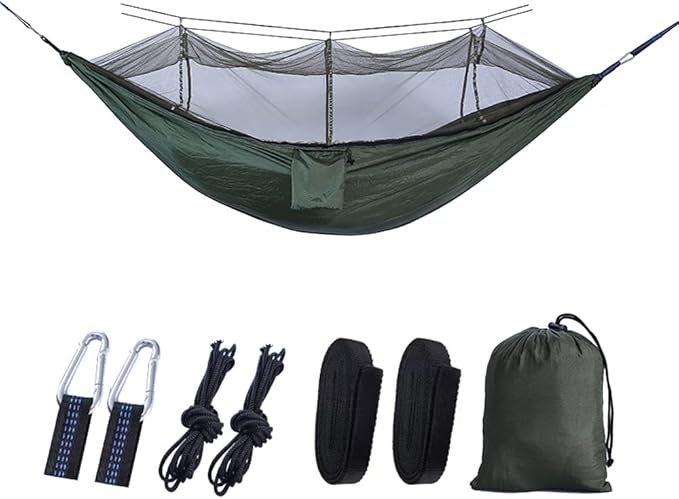 Outdoor Camping Hammock, 210T Nylon Portable Anti Rollover Hammock Single Hammock with Mesh Net (Army Green)