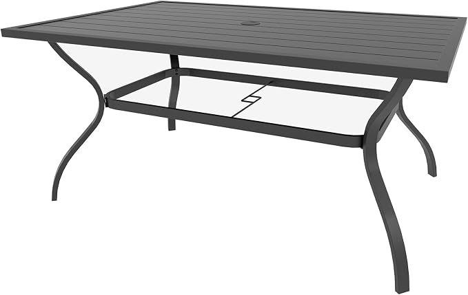 Anmutig Outdoor Rectangle Dining Table 6-Person with 1.57" Umbrella Hole Metal Steel Backyard Bistro Table for Garden, Poolside, Backyard, Black