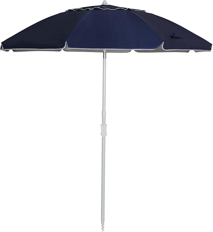 Beach Umbrellas for Sand Heavy Duty Wind Portable,7ft Outdoor Umbrella with Sand Anchor,Tilt and UV 50+ Protection, Includes Carry Bag for Beach, Patio, and Garden,Polyester Fabric with Silver Coating, Navy Blue