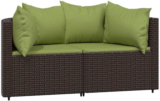 Brown PE Rattan Outdoor Patio Sectional Sofa Set with Green Cushions, 2-Seater Conversation Couch, Steel Frame, Modular for Balcony, Garden, 8.2 x 12.1 x 4.6 in