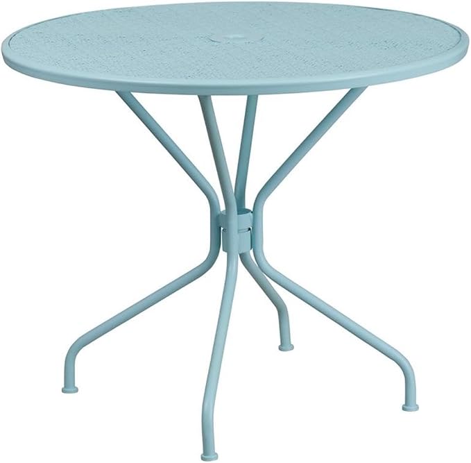 Afuera Living 35.25" Round Steel Patio Dining Table, Sky Blue Powder Coat Finish, Rain Flower Print Top with Umbrella Hole, All-Weather Indoor or Outdoor Bistro or Home Use