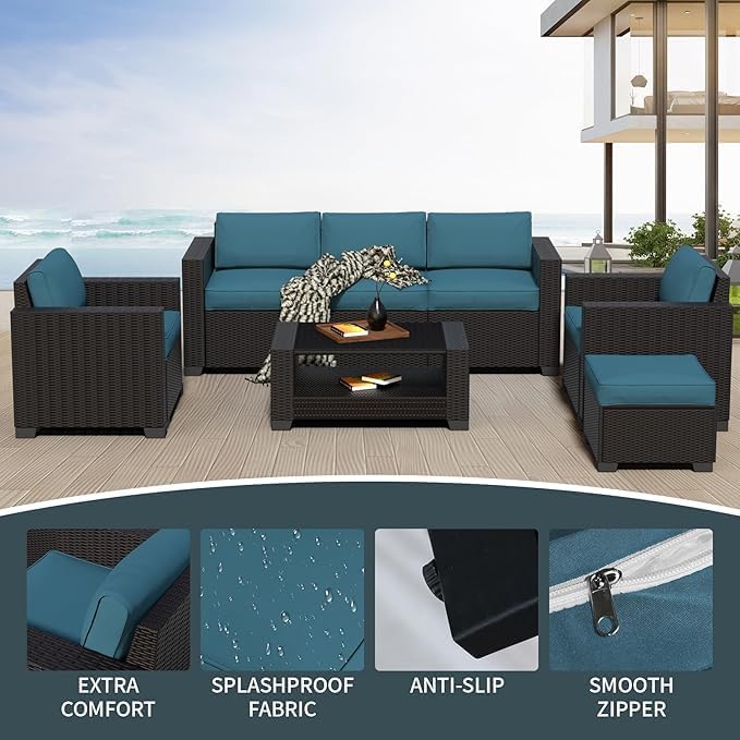 7 Pieces Patio Furniture Set Wicker Outdoor Furniture All-Weather Outdoor Sofa with Thick Cushions & Coffee Table Patio Conversation Set for Lawn, Patio, Balcony, Deck, Poolside (Brown & Peacock blue)