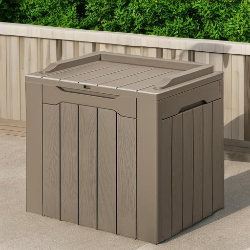 GUNJI 30 Gallon Small Deck Box Outdoor Waterproof Resin Storage Box Lockable Storage Container Outside Package Delivery Box (Beige)