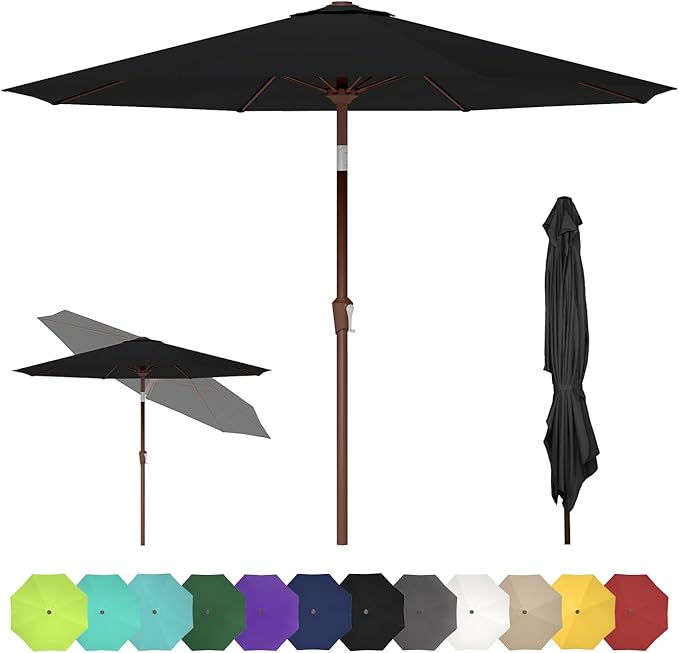 GREENVINES 9-FT-Patio-Umbrella | Outdoor-Table-Umbrellas | 8 Sturdy Fiberglass Ribs | Push Button Tilt & Crank | Waterproof | Market Umbrella | for Pool Backyard Garden Deck | Black