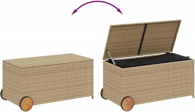 50.2 Gal Outdoor Storage Box with Wheels, Patio Rattan Deck Box, Wicker Garden Storage Bin Deck Box, Poly Rattan Patio Storage Chest with Hinged Lid, 42.1"x21.7"x19.7"/20.9" Mix Beige