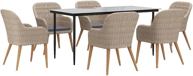 7 Piece Patio Dining Set with Cushions, Acacia Wood Outdoor Dining Table and Chairs for Garden Backyard, Tempered Glass Tabletop and Steel Frame, Brown