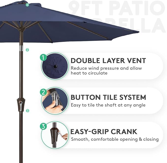 JEAREY Outdoor Patio Umbrella 9FT Outdoor Table Umbrella with Push Button Tilt and Crank, Market Umbrellas 8 Sturdy Ribs UV Protection Waterproof for Garden, Deck, Pool (Purplish Blue)