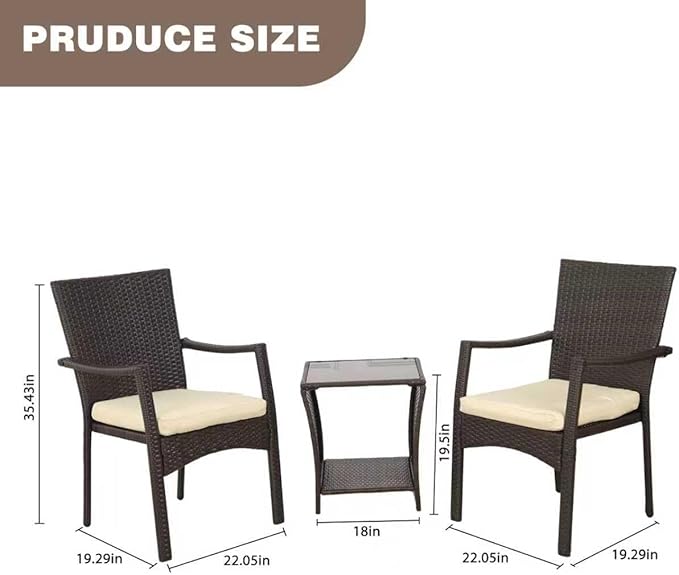 3-Piece Outdoor Patio Set, PE Wicker Patio Furniture Set, with Easy-to-Clean Removable Cushions and Glass Table, Garden Leisure and Entertainment Chat Set (Brown)