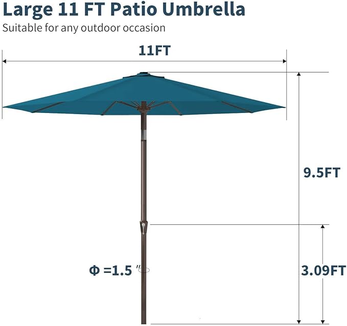 PatioKingdom 11FT Patio Umbrella,Outdoor Umbrella with Push Button Tilt and Crank,Market Table Umbrella with 8 Sturdy Fiberglass Ribs UV Protection