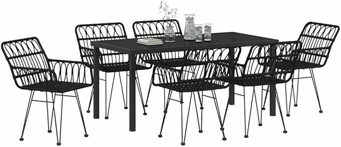 Afuera Living 7 Piece Rectangular Poly Rattan Garden Dining Set, Black Powder-Coated Finish, UV-Resistant, Sturdy Steel Frame, Modern Outdoor Patio Furniture, Seating for 6, Weather-Resistant