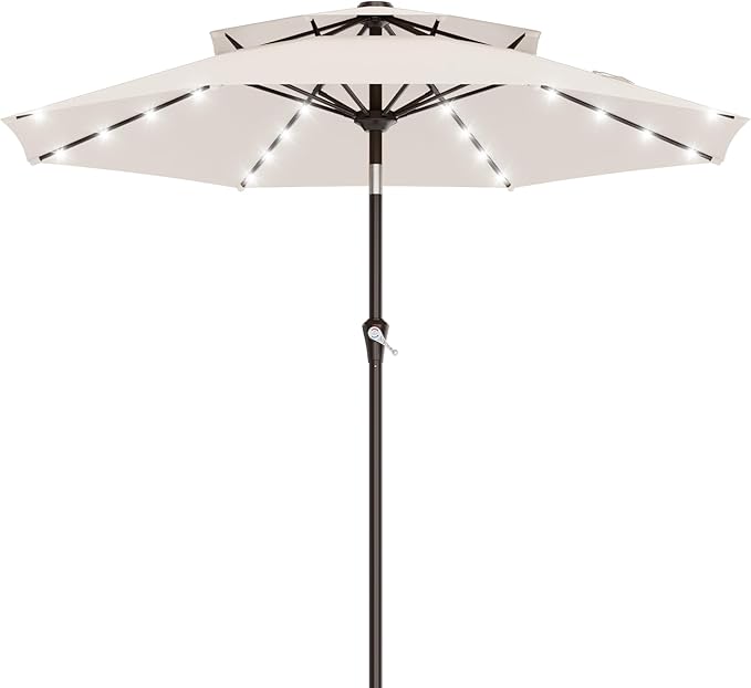 AreShark 9ft 2 Tiers Patio Umbrella with Solar Lights, Outdoor Umbrella w/ 32 LED Lights&8 Sturdy Ribs, Table Umbrella for Deck, Backyard, Pool(Ivory)