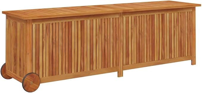 Solid Acacia Wood Patio Storage Box with Wheels, 59.1x19.7x22.8 Inch Garden Cushion Storage Box for Outdoor and Indoor Use