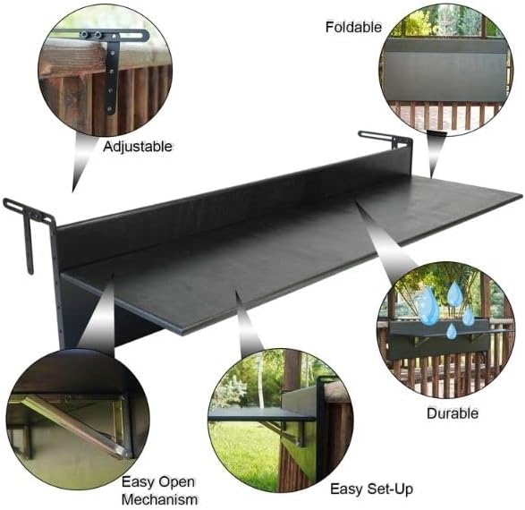 Balcony Bar Table for Railings, Outdoor Folding Deck Rail Table for Patio, Balcony Hanging Desk for Many Railings Compatible, Wooden Bar Serving Table for Porch (Grey, XL: 47.3 x 11.8 inches)