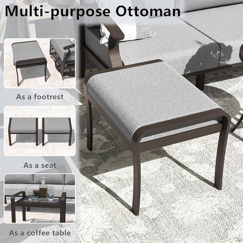 ALAULM Aluminum Patio Furniture Set with Round Propane Fire Pit Table 9-seat Metal Outdoor Furniture w/Swivel Chairs & 2 Ottomans Patio Sectional Sofas for Porch, Lawn, Poolside（Grey