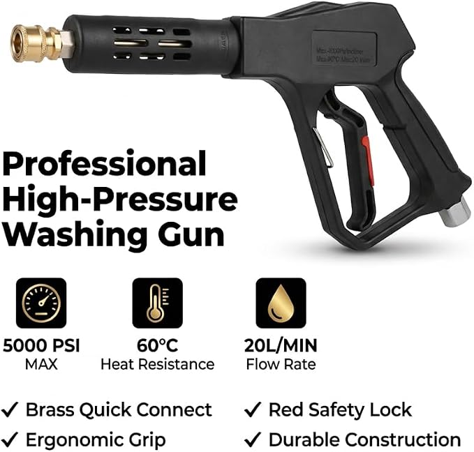 Swivel Pressure Washer Gun,Sturdy 5000PSI Short Power Washer Wand Carwash Spray Foam Gun Handle with 3/8 Plug & M22-14mm & M22-15mm and 1/4 Adapter 5 nozzles