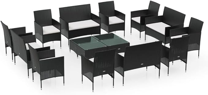 Backyard Furniture Patio Conversation Sets Outdoor Seating 16 Piece Patio Lounge Set with Cushions Poly Rattan Black Suitable for Swimming Pool, Courtyard, Garden