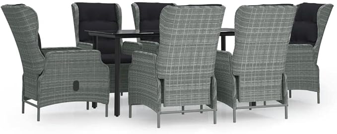 7 Piece Patio Dining Set with Light Gray Poly Rattan, Tempered Glass Table, and Adjustable Chairs for Garden