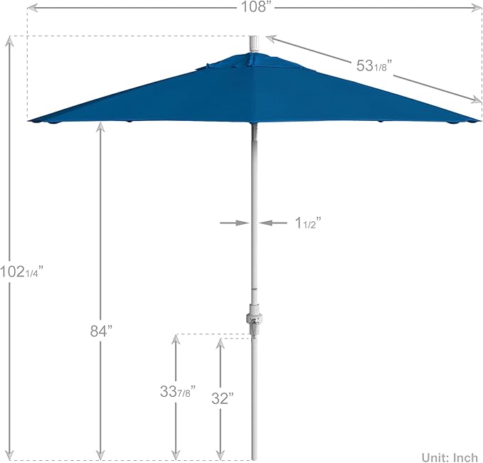 California Umbrella 9' Round Aluminum Market Umbrella, Crank Lift, Collar Tilt, White Pole, Pacifica Pacific Blue