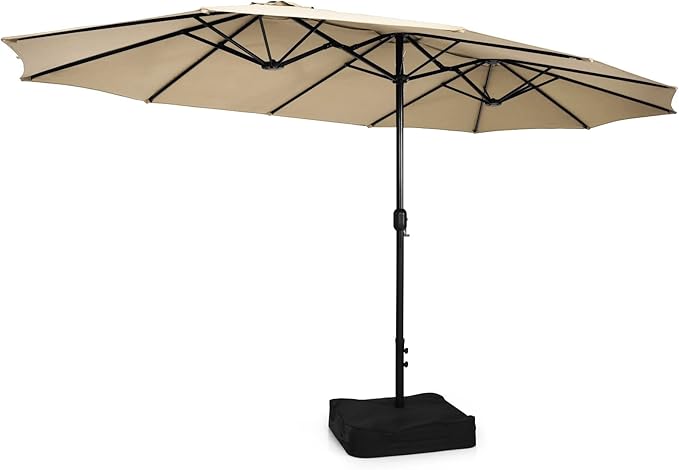 Tangkula 15FT Double-Sided Patio Umbrella with Base, Extra-Large Market Umbrella W/Crank System, Outdoor Twin Umbrella W/ 12-Rib Metal Structure & Air Vents for Garden, Backyard, Poolside (Beige)